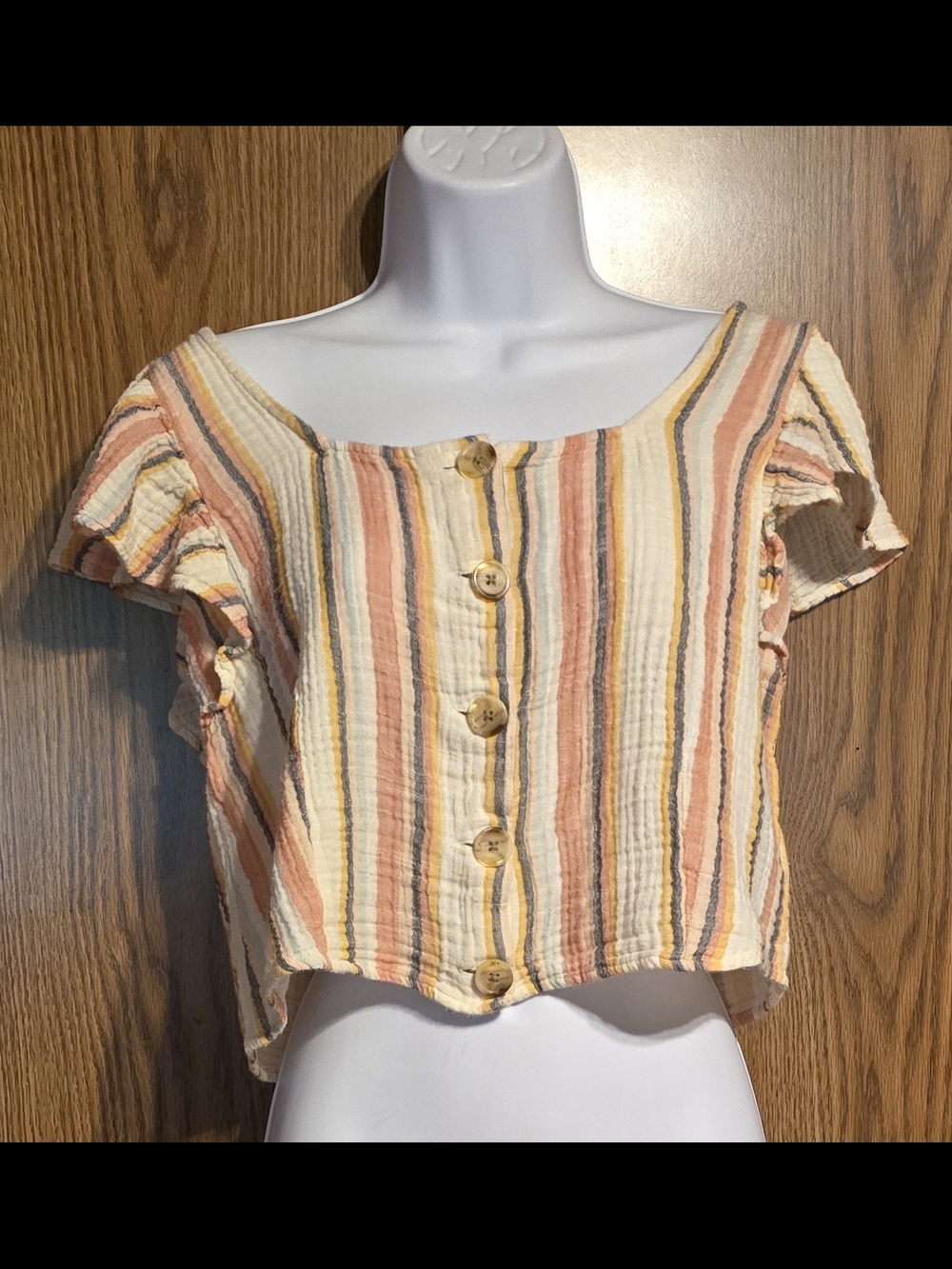 American Eagle Outfitters Peach, Cream & Yellow Striped Button Crop Top